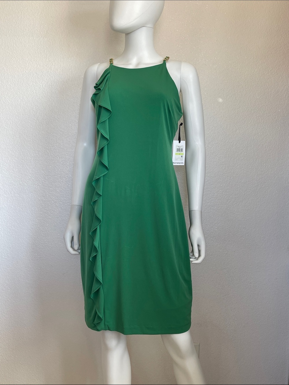 KENSIE DRESSES Womens Green Chain-trim Sleeveless Evening Sheath Dress 4